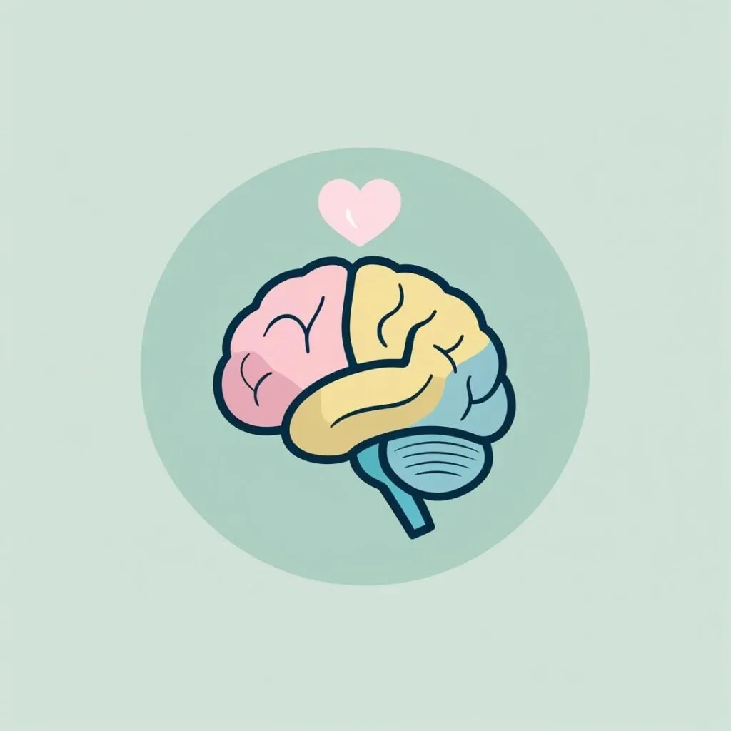 Flat icon illustration of a calm brain with a small heart above it, minimal modern style, pastel colors, simple round background