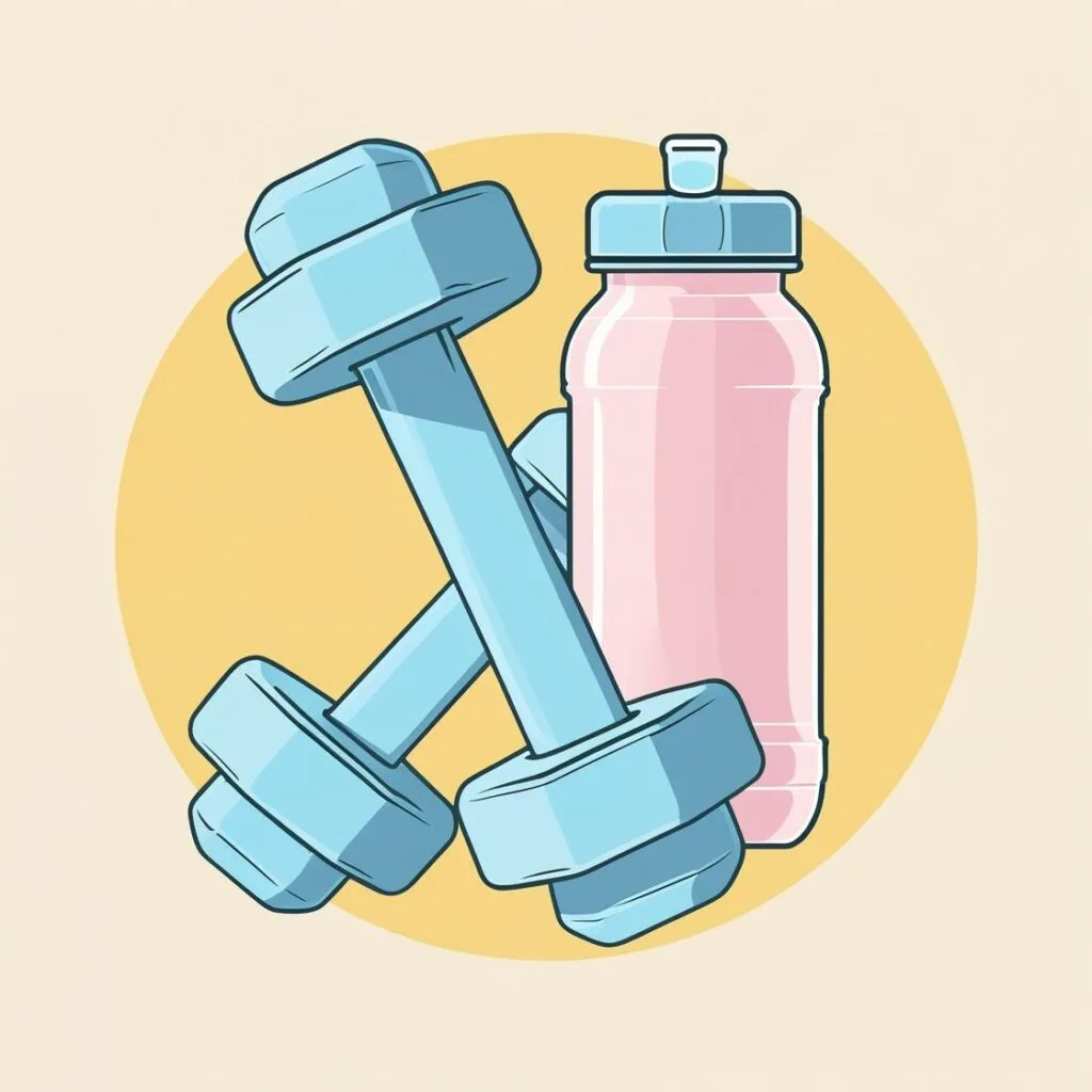 Flat icon illustration of a dumbbell and a water bottle, clean and modern, pastel color scheme, round background.