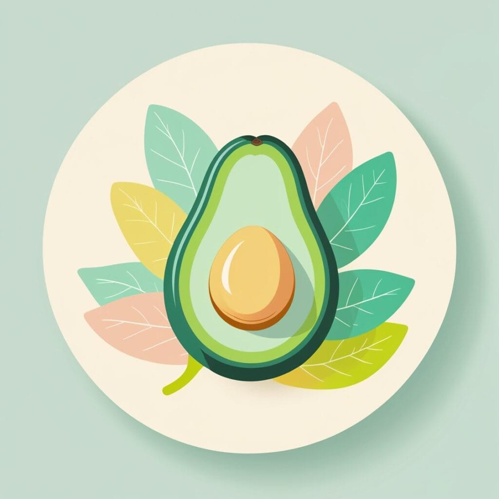 Flat icon illustration of an avocado and leafy greens, minimal design, flat style, pastel colors, round background.
