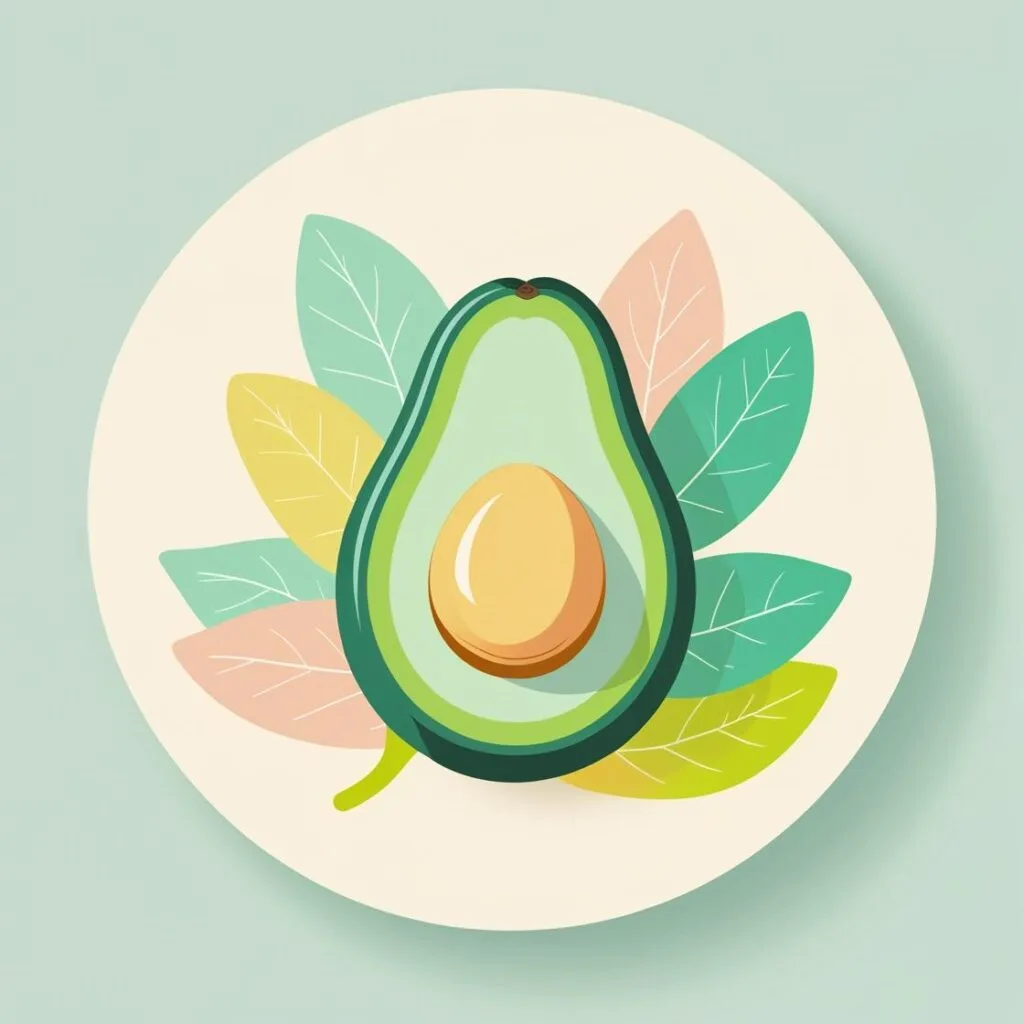 Flat icon illustration of an avocado and leafy greens, minimal design, flat style, pastel colors, round background.