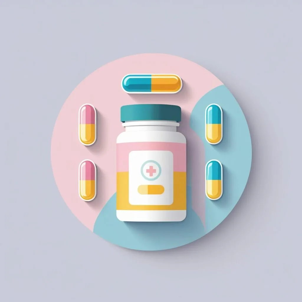 Flat icon illustration of supplement pills and a vitamin bottle, minimal modern flat design, pastel palette, round background