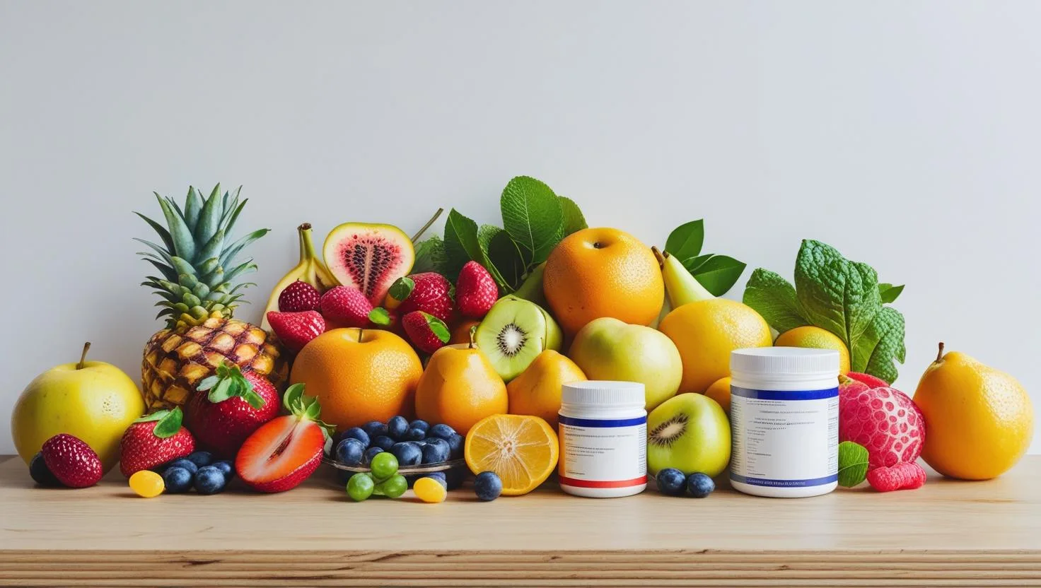 “Fresh fruits and supplements on a wooden table, clean minimalist background, health and nutrition