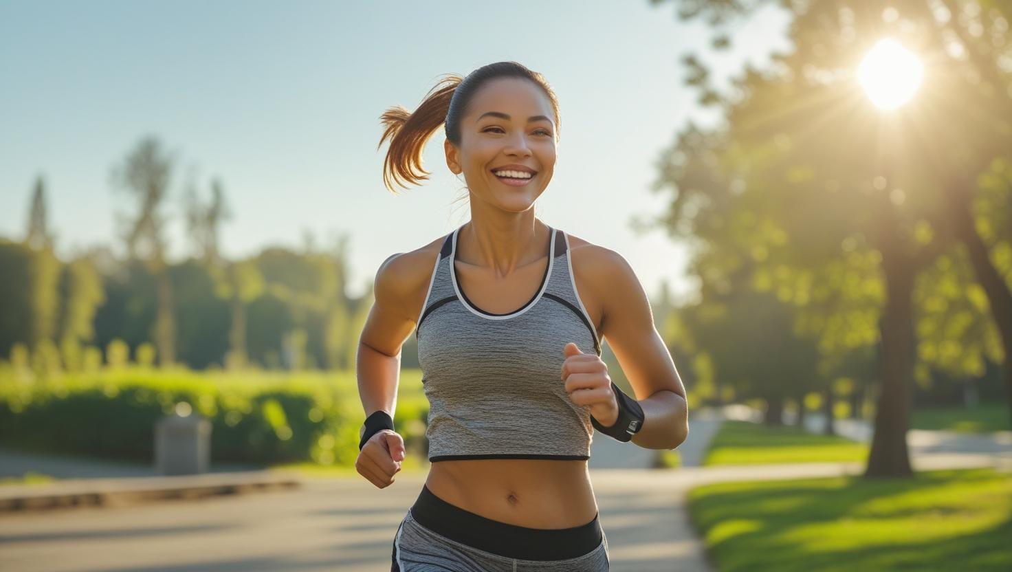 “Happy person jogging in the morning, weight loss and fitness theme, bright and inspiring”