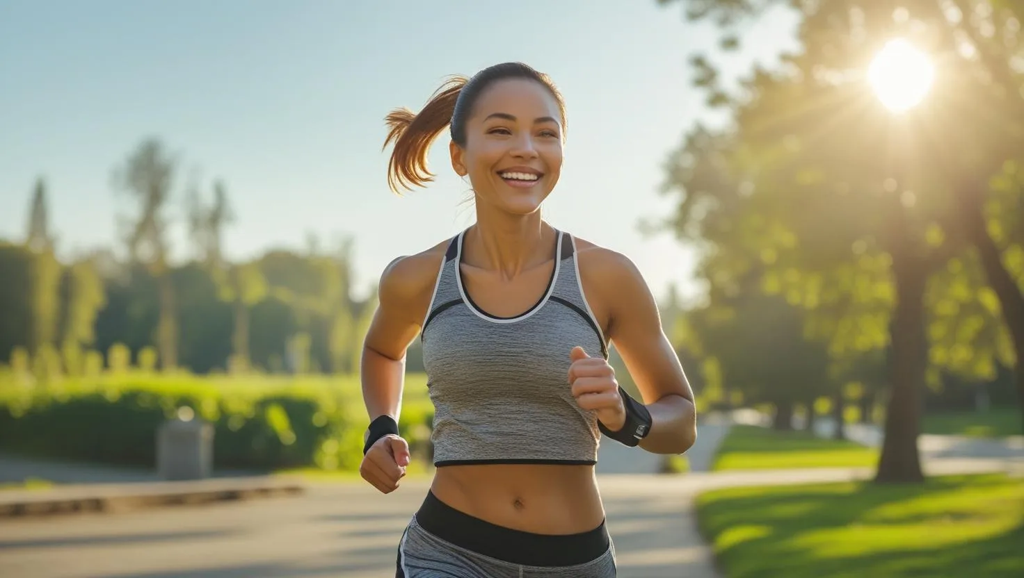 “Happy person jogging in the morning, weight loss and fitness theme, bright and inspiring”