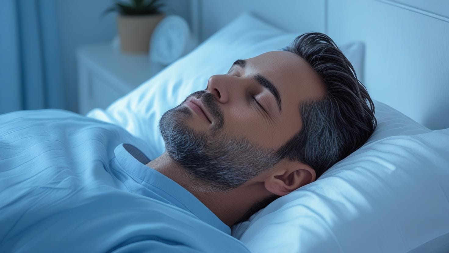 Relaxed man sleeping peacefully, night wellness and sleep support, soft blue tones