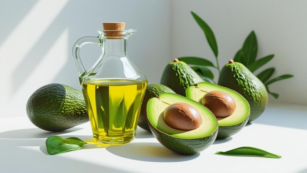 “avocado oil bottle and fresh avocados, natural health concept, bright background”