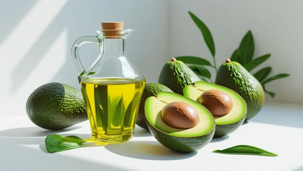 “avocado oil bottle and fresh avocados, natural health concept, bright background”