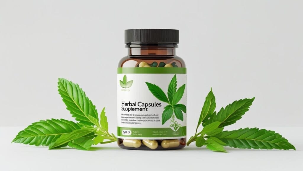 “bottle of herbal capsules with green leaves, wellness supplement concept, clean white background”