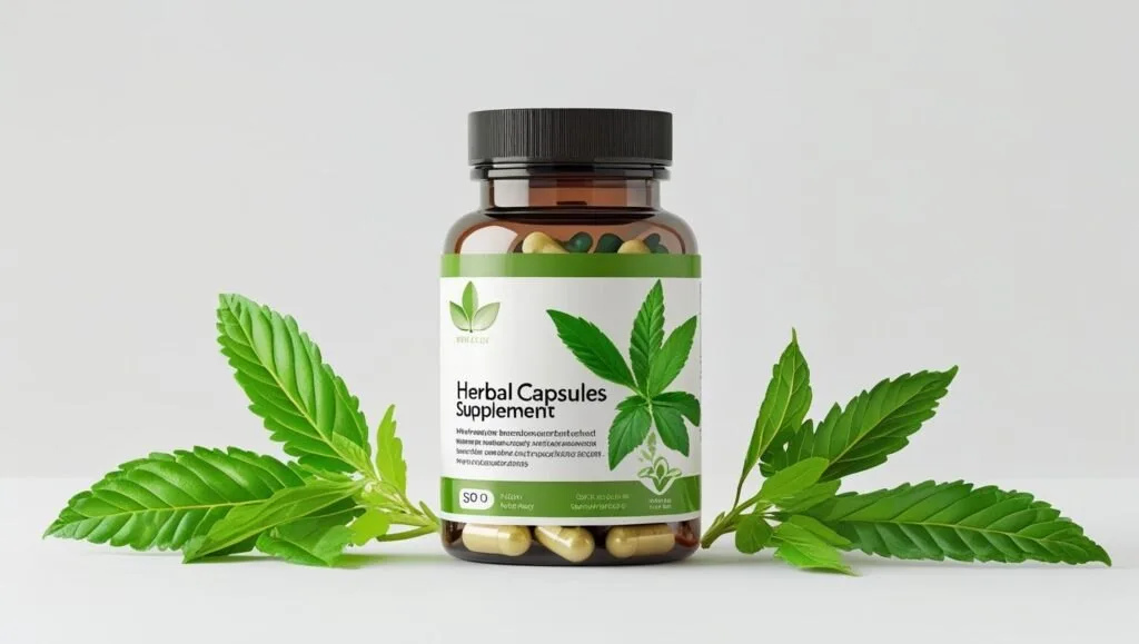 “bottle of herbal capsules with green leaves, wellness supplement concept, clean white background”
