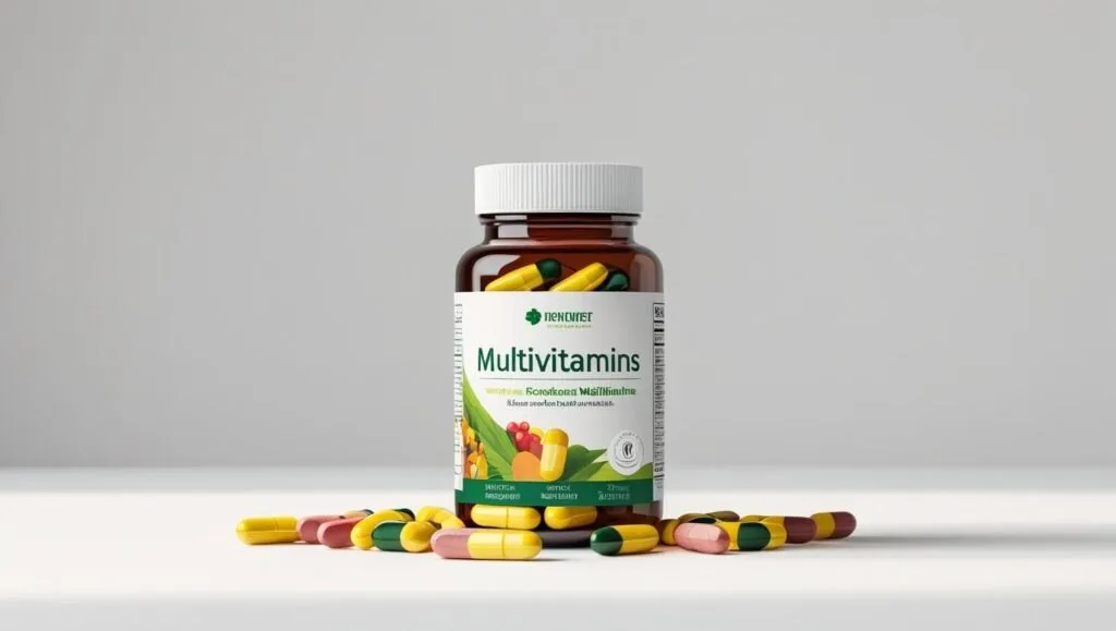 “bottle of multivitamins with colorful pills, clean background, realistic product photo”