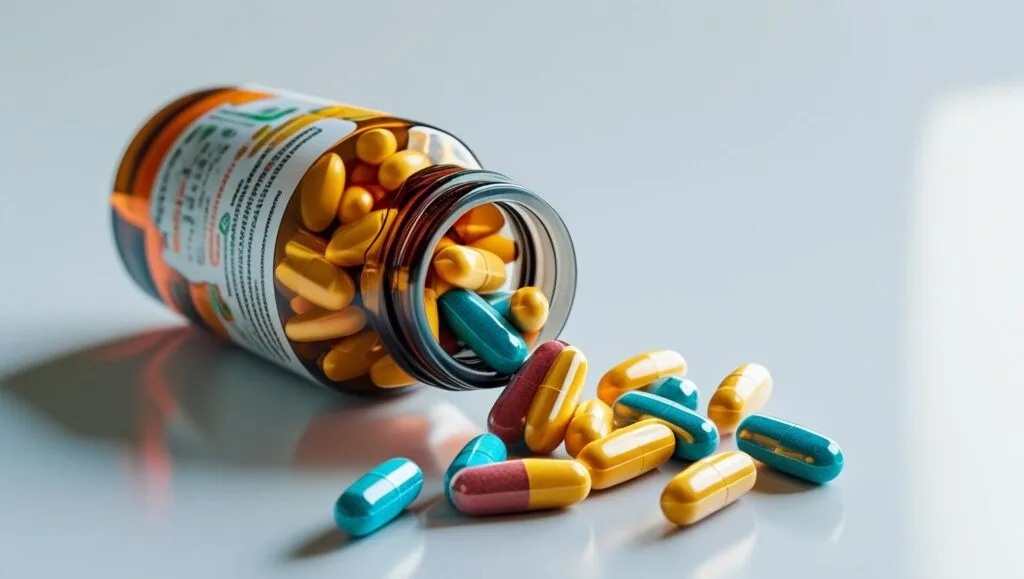 “herbal remedies, honey, lemon, and medicine for flu relief on wooden table”