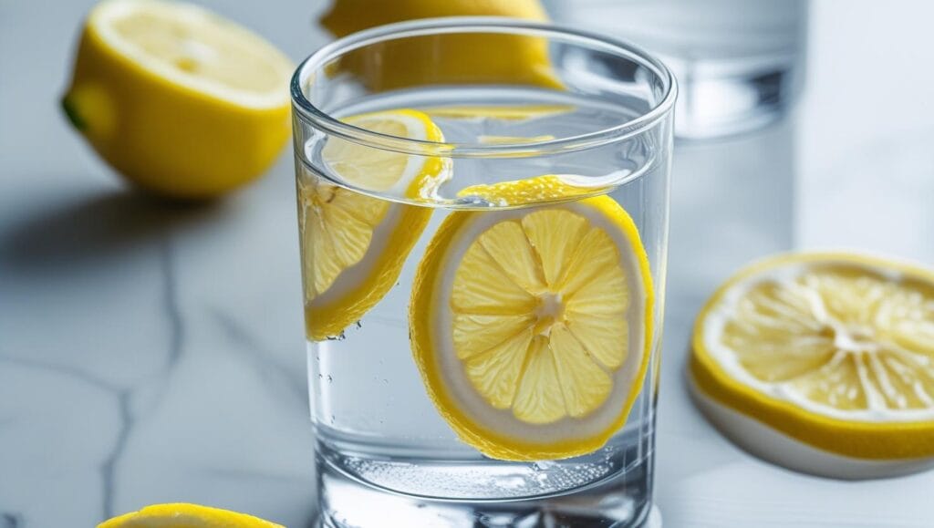 “close-up of a glass of water with lemon slices, fresh and clean look, wellness lifestyle, photorealistic”