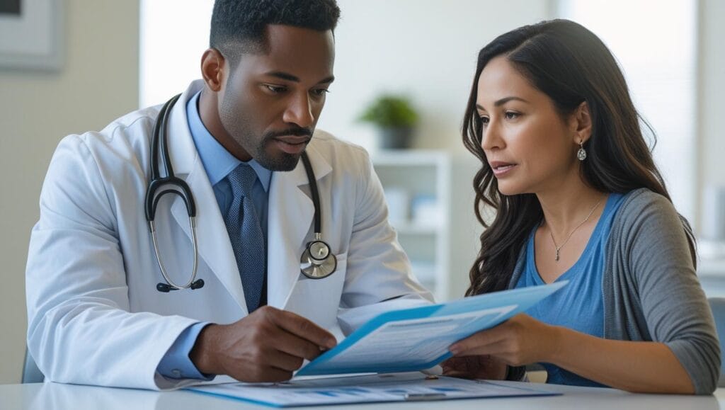 doctor explaining treatment plan to patient, multiple sclerosis awareness, modern medical concept, light background”