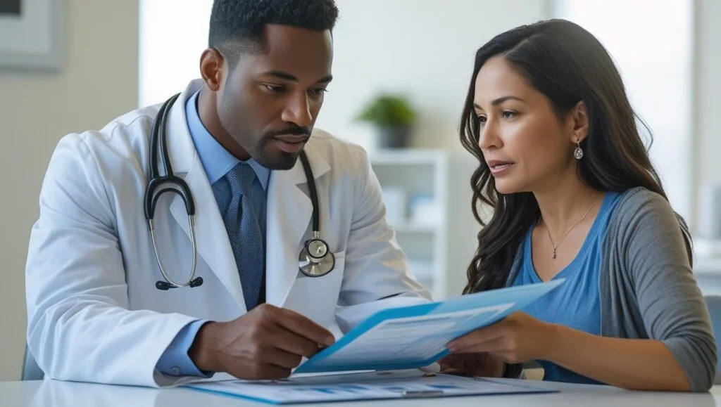 doctor explaining treatment plan to patient, multiple sclerosis awareness, modern medical concept, light background”