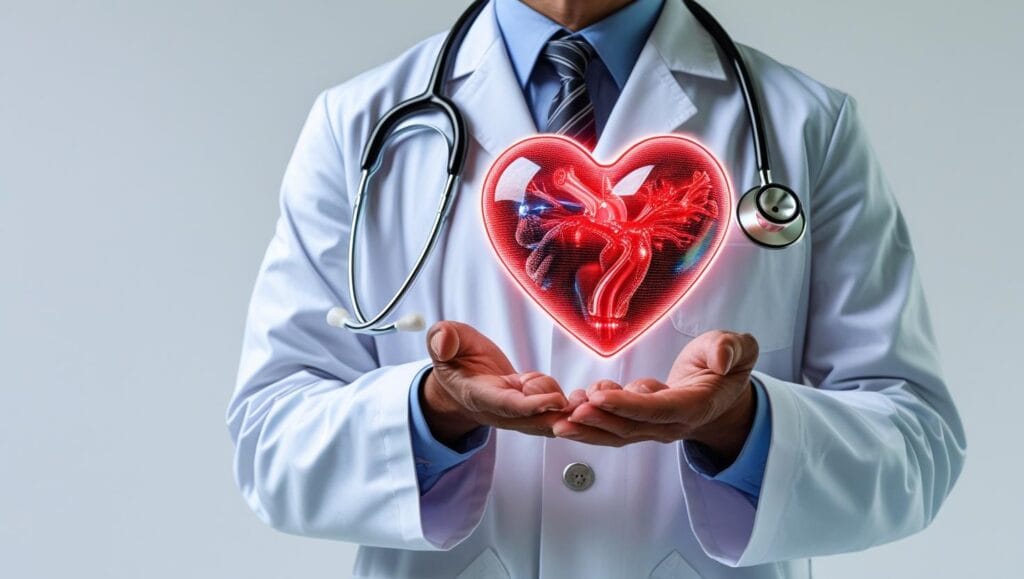 “doctor holding glowing red heart hologram, stethoscope, modern medical concept, clean white background,