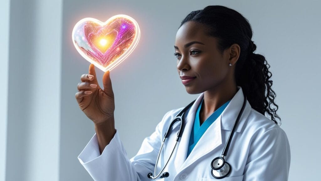 “doctor holding heart icon hologram, stethoscope, modern medical concept, clean white background”