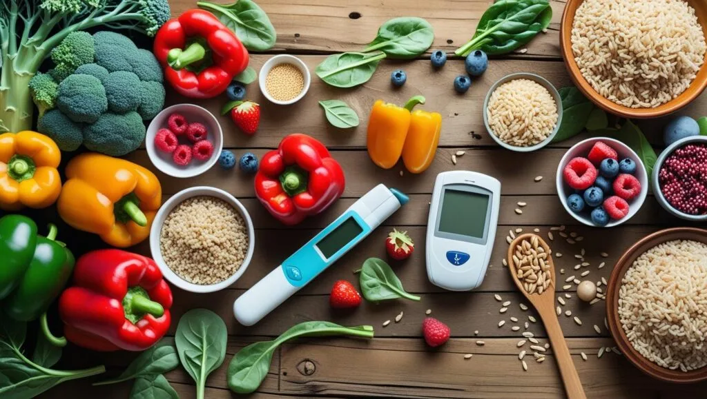 “healthy food for diabetes, vegetables, whole grains, and glucose meter on wooden table, bright clean style”