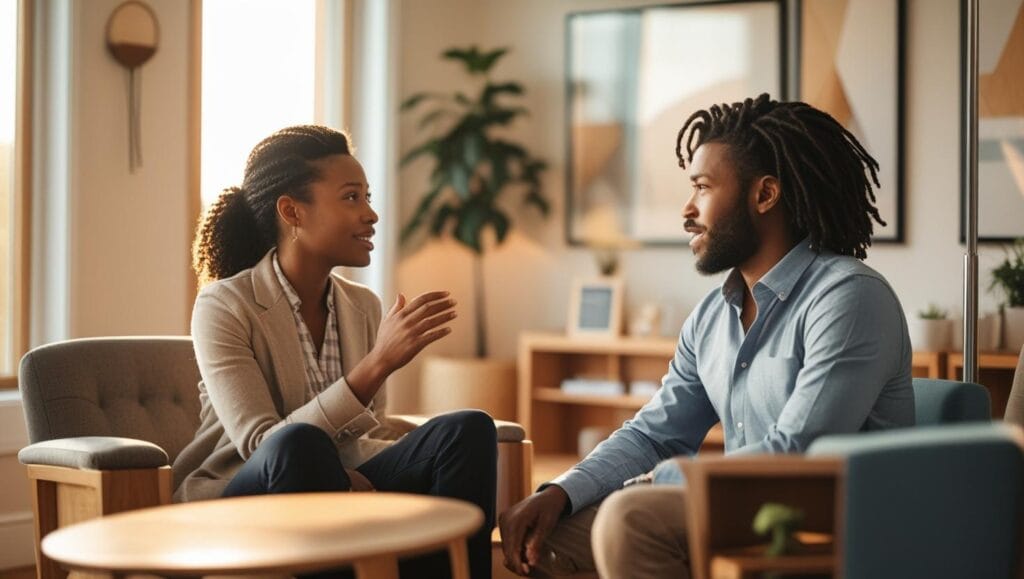 “person talking with therapist in cozy clinic room, mental health support, warm light, modern medical concept”