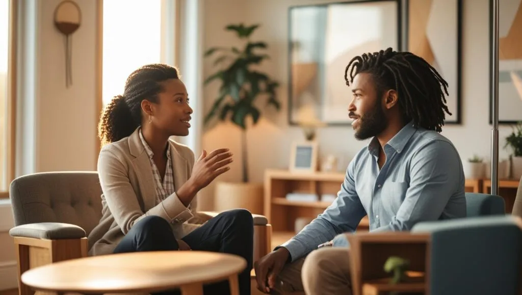 “person talking with therapist in cozy clinic room, mental health support, warm light, modern medical concept”