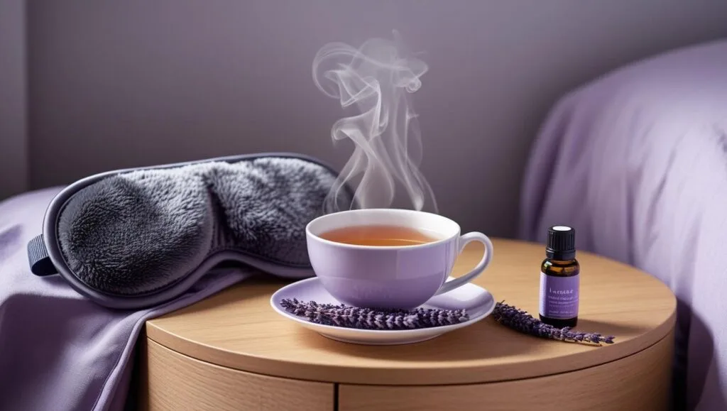 “sleep mask, herbal tea, and lavender oil on bedside table, cozy vibe”