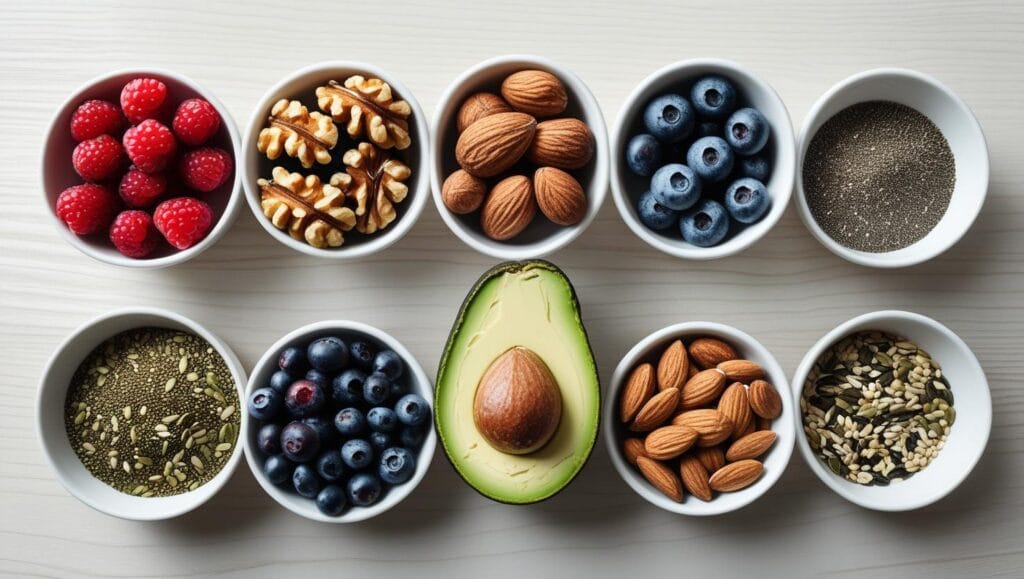 “top view of colorful superfoods like berries, nuts, avocado, seeds in bowls, clean natural look, photorealistic”