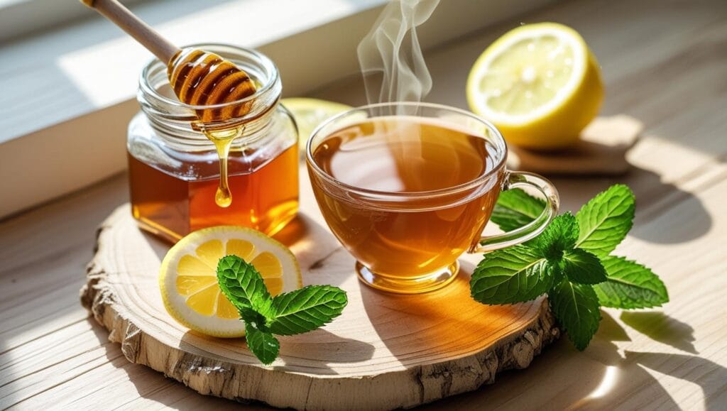 _warm wellness setup with honey jar, sliced lemon, cup of herbal tea, and fresh mint leaves on wooden table, bright natural light, healthy lifestyle concept