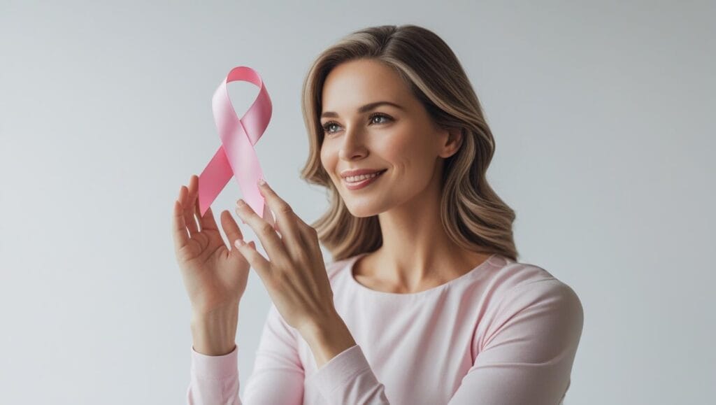 “woman checking breast health awareness ribbon, medical illustration, clean white background, hopeful tone”