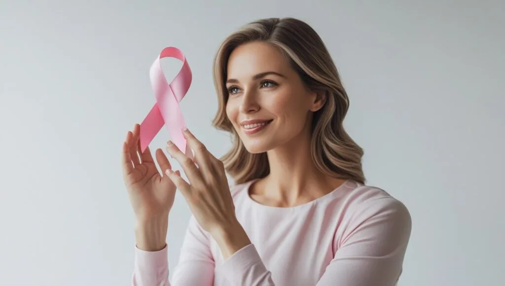 “woman checking breast health awareness ribbon, medical illustration, clean white background, hopeful tone”