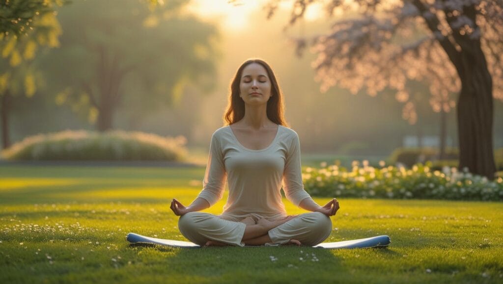 “woman meditating in peaceful park, soft sunlight, calm atmosphere, photorealistic”