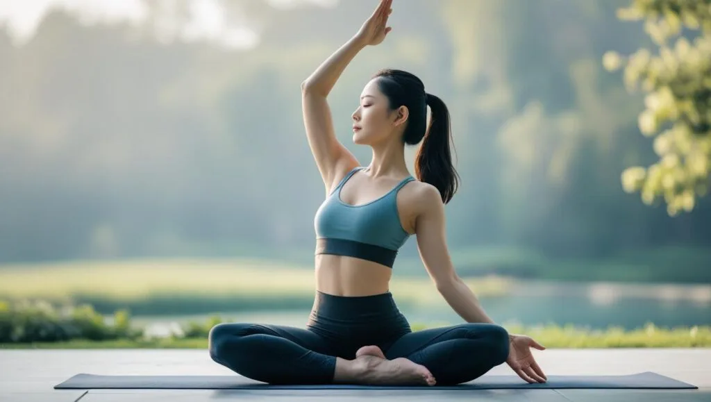 “woman practicing yoga pose outdoors, calm nature background, soft natural light, photorealistic”